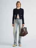 Proenza Schouler Front full length image of model wearing Marci Cardigan in Cable Knit in Navy