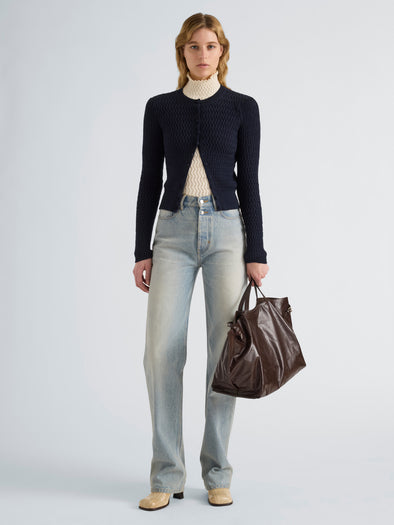 Proenza Schouler Front full length image of model wearing Marci Cardigan in Cable Knit in Navy