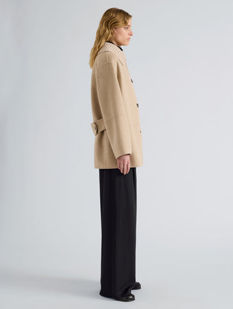 Proenza Schouler Side full length image of model wearing Lisa Jacket in Melton in Oat