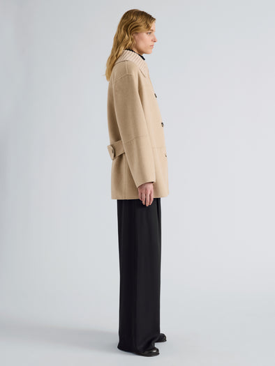 Proenza Schouler Side full length image of model wearing Lisa Jacket in Melton in Oat
