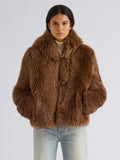 Proenza Schouler Front cropped image of model wearing Michelle Hooded Shearling in Caramel