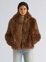 Proenza Schouler Front cropped image of model wearing Michelle Hooded Shearling in Caramel