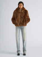 Proenza Schouler Front full length image of model wearing Michelle Hooded Shearling in Caramel