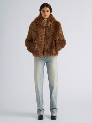 Proenza Schouler Front full length image of model wearing Michelle Hooded Shearling in Caramel