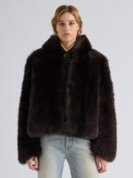 Proenza Schouler Front cropped image of model wearing Michelle Hooded Shearling in Coffee