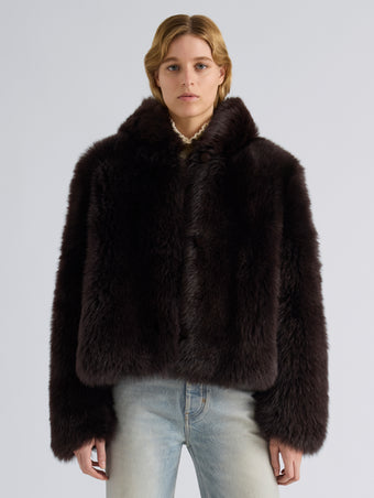 Proenza Schouler Front cropped image of model wearing Michelle Hooded Shearling in Coffee