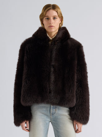 Proenza Schouler Front cropped image of model wearing Michelle Hooded Shearling in Coffee
