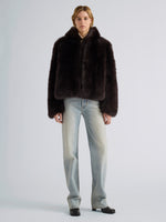 Proenza Schouler Front full length image of model wearing Michelle Hooded Shearling in Coffee