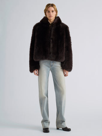 Proenza Schouler Front full length image of model wearing Michelle Hooded Shearling in Coffee