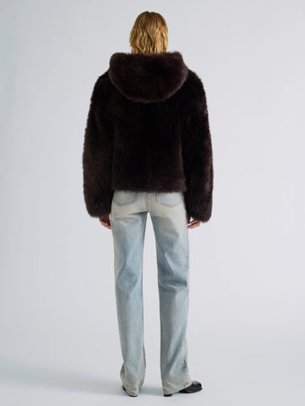 Proenza Schouler Back full length image of model wearing Michelle Hooded Shearling in Coffee