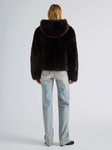 Proenza Schouler Back full length image of model wearing Michelle Hooded Shearling in Coffee