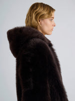 Proenza Schouler Detail image of model wearing Michelle Hooded Shearling in Coffee