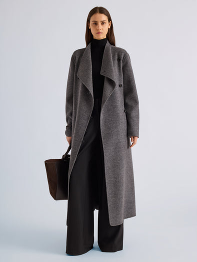 Proenza Schouler Front full length image of model wearing Senna Coat in Double Face Twill in Charcoal