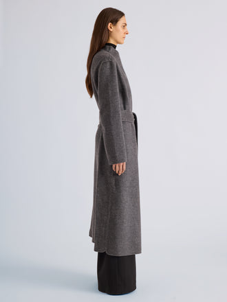 Proenza Schouler Side full length image of model wearing Senna Coat in Double Face Twill in Charcoal