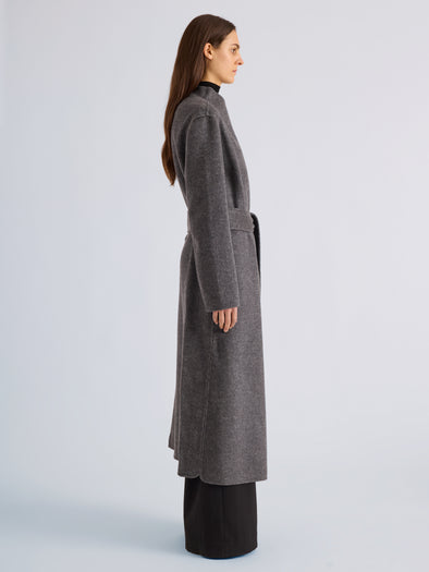 Proenza Schouler Side full length image of model wearing Senna Coat in Double Face Twill in Charcoal