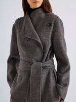 Proenza Schouler Detail image of model wearing Senna Coat in Double Face Twill in Charcoal