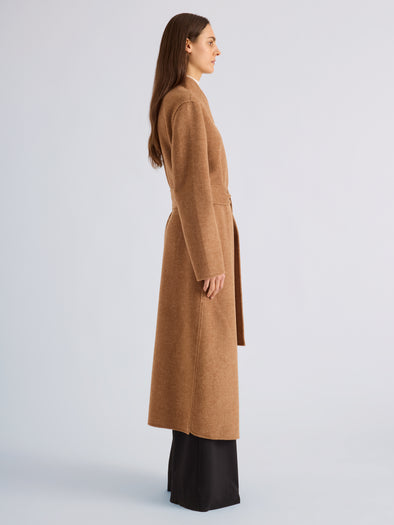Proenza Schouler Side full length image of model wearing Senna Coat in Double Face Twill in Khaki
