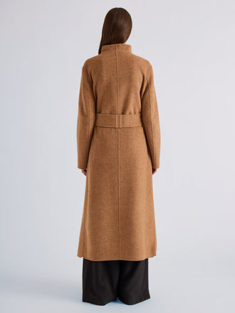 Proenza Schouler Back full length image of model wearing Senna Coat in Double Face Twill in Khaki