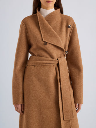 Proenza Schouler Detail image of model wearing Senna Coat in Double Face Twill in Khaki