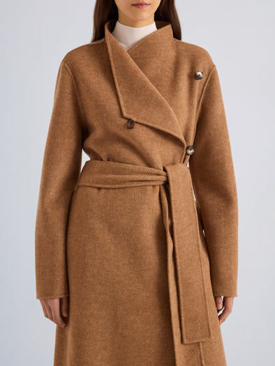 Proenza Schouler Detail image of model wearing Senna Coat in Double Face Twill in Khaki
