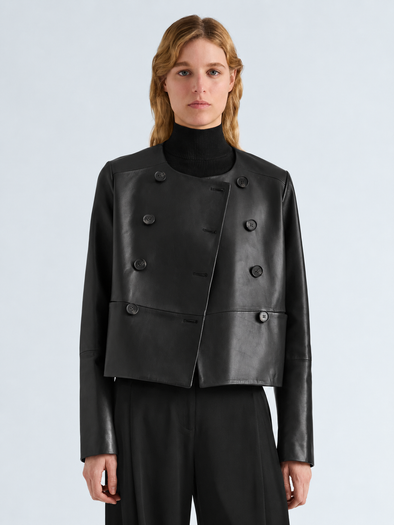 Proenza Schouler Front cropped image of model wearing Courtney Jacket in Leather in Black