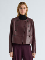Proenza Schouler Front cropped image of model wearing Courtney Jacket in Leather in Dark Wine