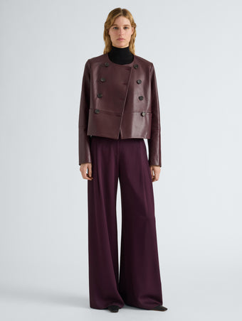 Proenza Schouler Front full length image of model wearing Courtney Jacket in Leather in Dark Wine