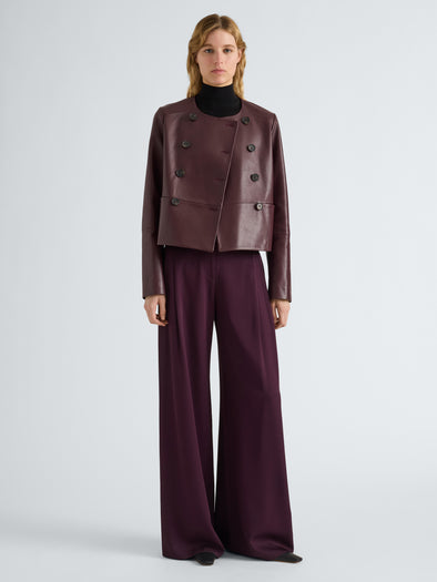 Proenza Schouler Front full length image of model wearing Courtney Jacket in Leather in Dark Wine