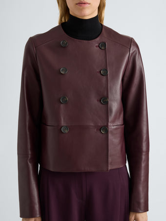 Proenza Schouler Detail image of model wearing Courtney Jacket in Leather in Dark Wine