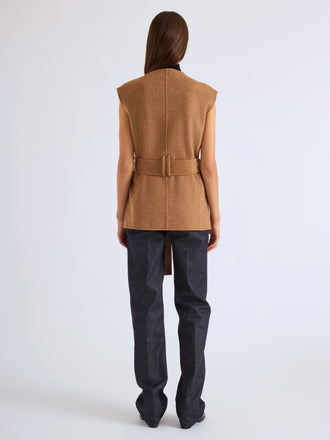 Proenza Schouler Back full length image of model wearing Edie Gillet in Double Face Twill in Khaki