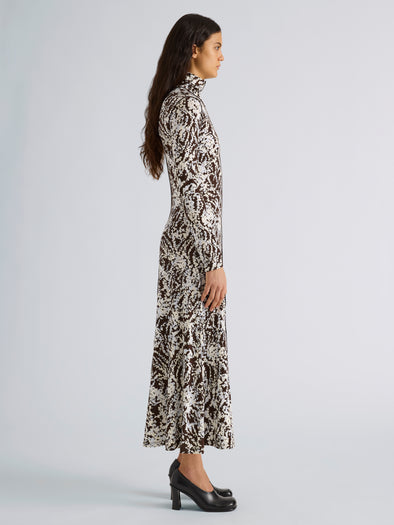 Proenza Schouler Side full length image of model wearing Mabel Dress in Jersey in Pale Blue Multi