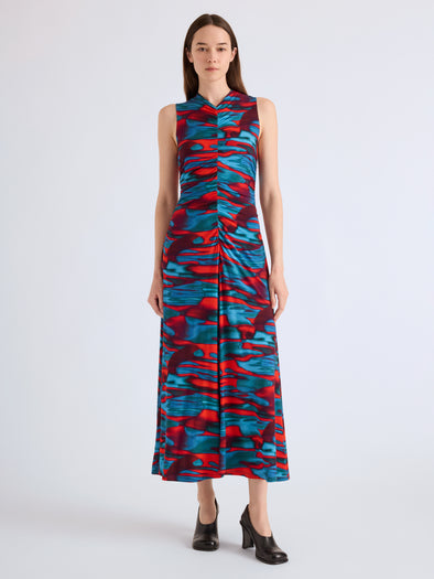 Proenza Schouler Front full length image of model wearing Audrey Dress in Printed Soft Jersey in Poppy Multi