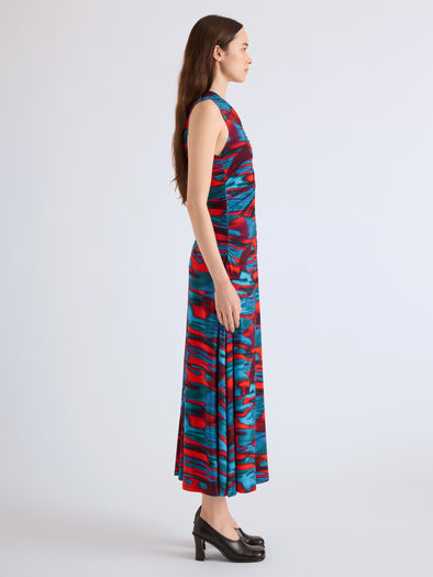 Proenza Schouler Side full length image of model wearing Audrey Dress in Printed Soft Jersey in Poppy Multi