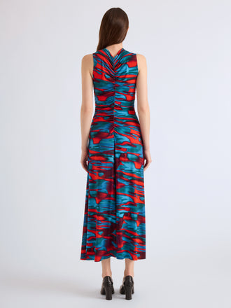 Proenza Schouler Back full length image of model wearing Audrey Dress in Printed Soft Jersey in Poppy Multi