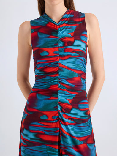 Proenza Schouler Detail image of model wearing Audrey Dress in Printed Soft Jersey in Poppy Multi