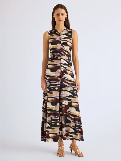 Proenza Schouler Front full length image of model wearing Audrey Dress in Printed Soft Jersey in Moss Multi
