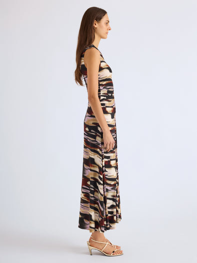 Proenza Schouler Side full length image of model wearing Audrey Dress in Printed Soft Jersey in Moss Multi