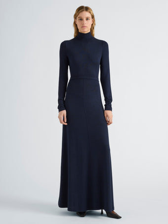 Proenza Schouler Front full length image of model wearing Jayne Dress in Marled Jersey in Navy Black