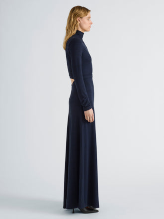 Proenza Schouler Side full length image of model wearing Jayne Dress in Marled Jersey in Navy Black