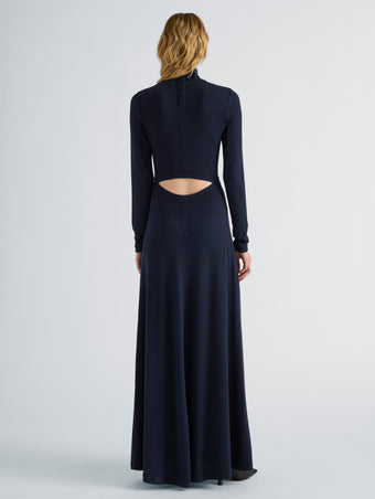 Proenza Schouler Back full length image of model wearing Jayne Dress in Marled Jersey in Navy Black