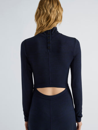 Proenza Schouler Detail image of model wearing Jayne Dress in Marled Jersey in Navy Black