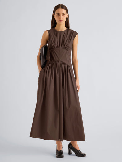 Proenza Schouler Front full length image of model wearing Nyssa Dress in Tech Cotton in Cocoa