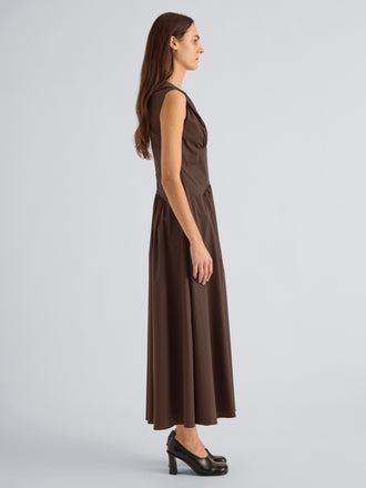 Proenza Schouler Side full length image of model wearing Nyssa Dress in Tech Cotton in Cocoa