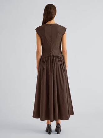 Proenza Schouler Back full length image of model wearing Nyssa Dress in Tech Cotton in Cocoa