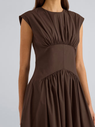 Proenza Schouler Detail image of model wearing Nyssa Dress in Tech Cotton in Cocoa