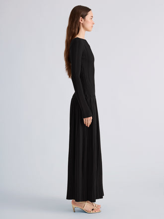 Proenza Schouler Side full length image of model wearing Grace Dress in Soft Twill in Black