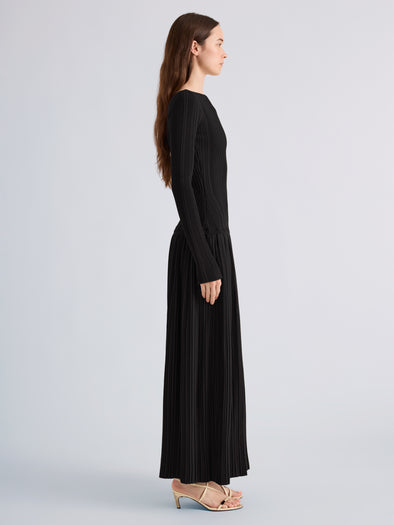 Proenza Schouler Side full length image of model wearing Grace Dress in Soft Twill in Black