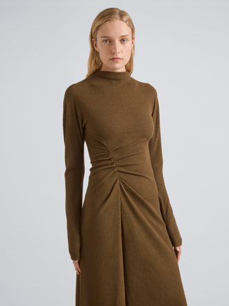 Proenza Schouler Detail image of model wearing Minna Dress in Twisted Rib in Fatigue