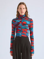 Proenza Schouler Front cropped image of model wearing Harriet Top in Printed Soft Jersey in Poppy Multi