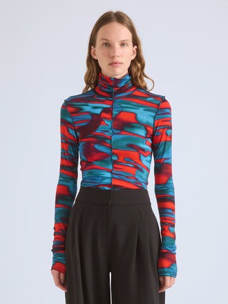 Proenza Schouler Front cropped image of model wearing Harriet Top in Printed Soft Jersey in Poppy Multi
